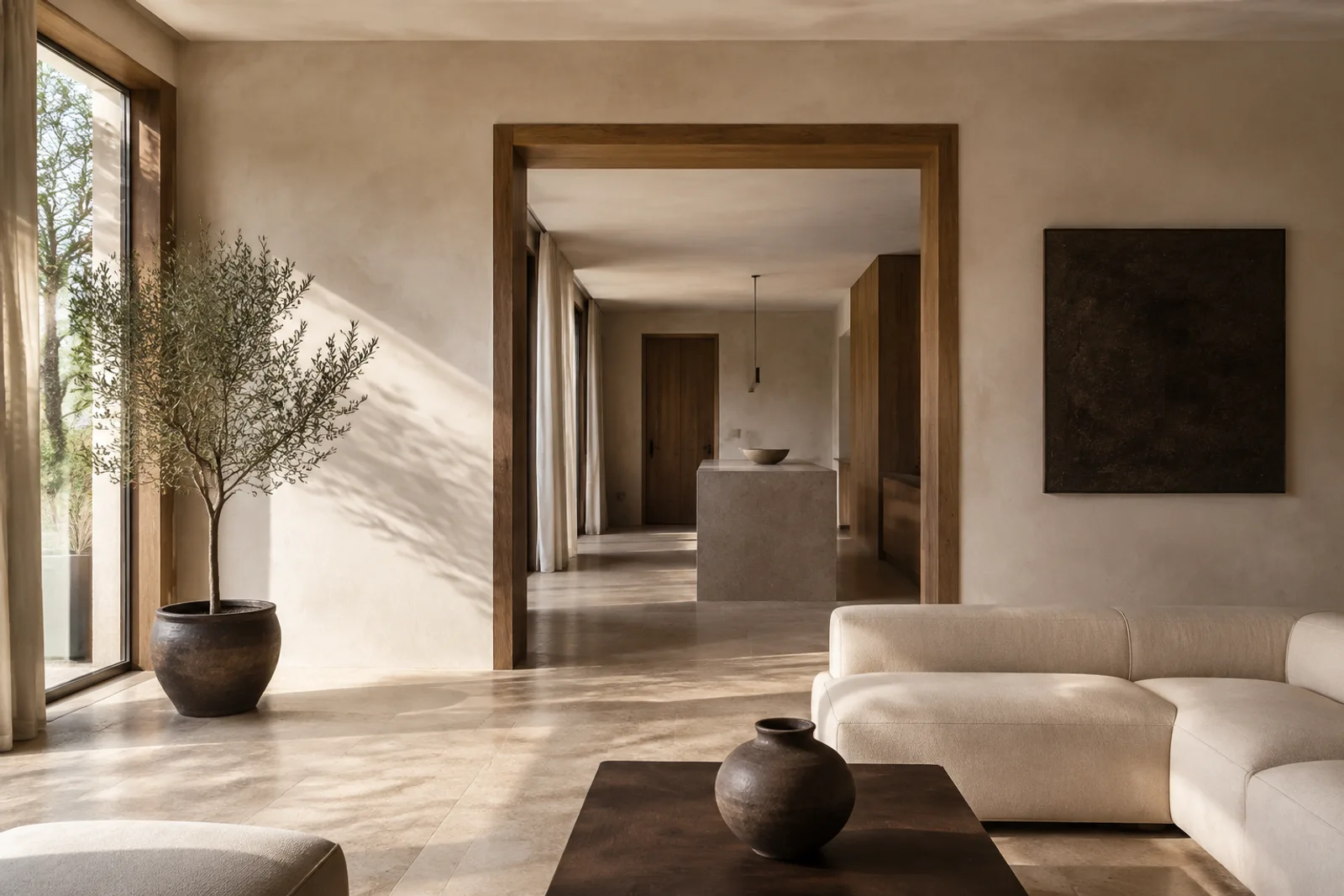 Imagined oak and plaster living space with sculptural seating