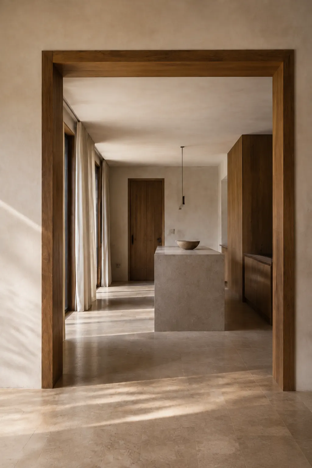 Oak doorway connecting two imagined spaces