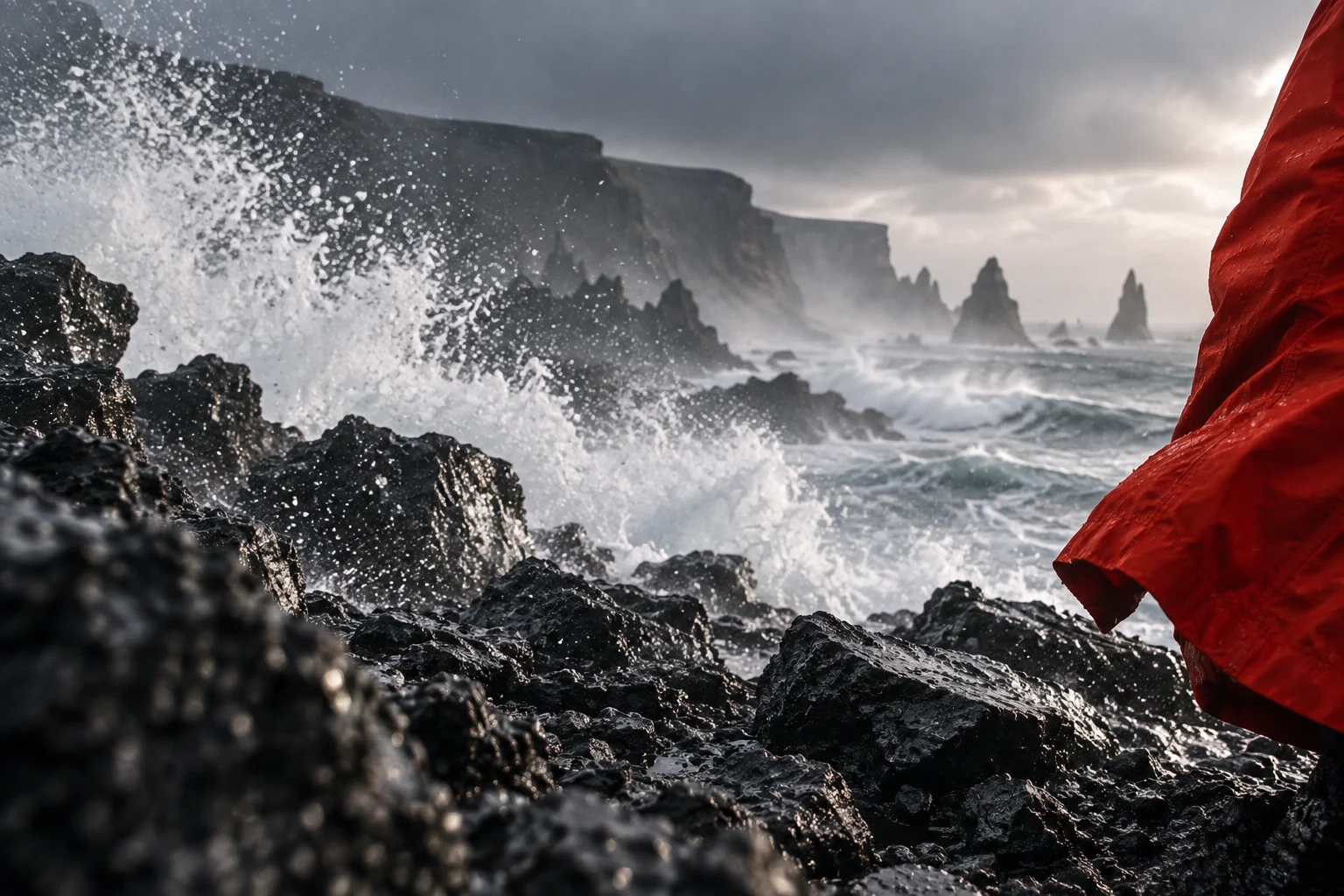 Red campaign fabric against the Atlantic coastline