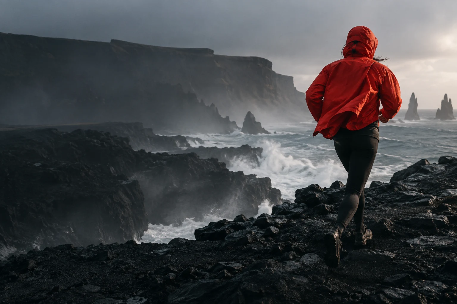 A runner wearing a red shell jacket on a rugged coastline