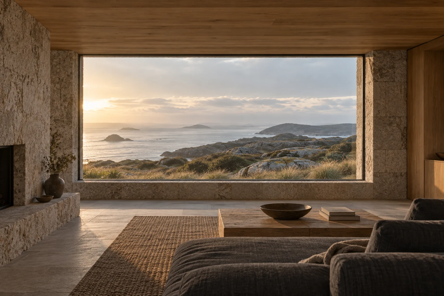 Coastal architecture framed by limestone and oak