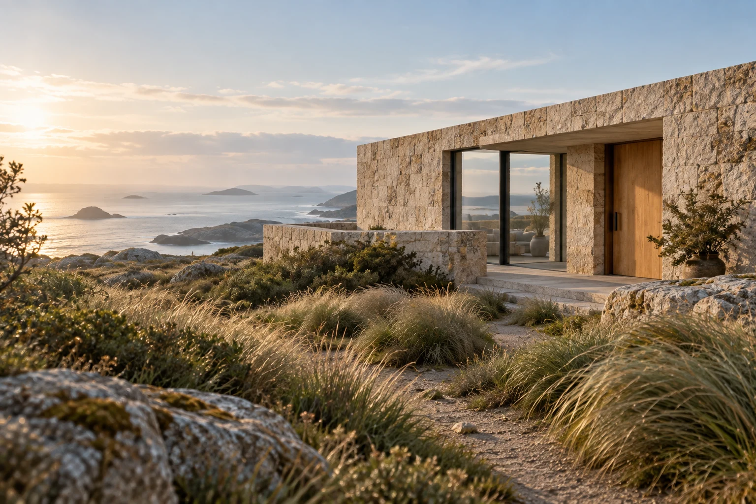 A coastal residence approached through stone and natural planting
