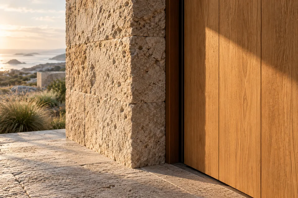 Limestone and oak meeting in the same architectural detail
