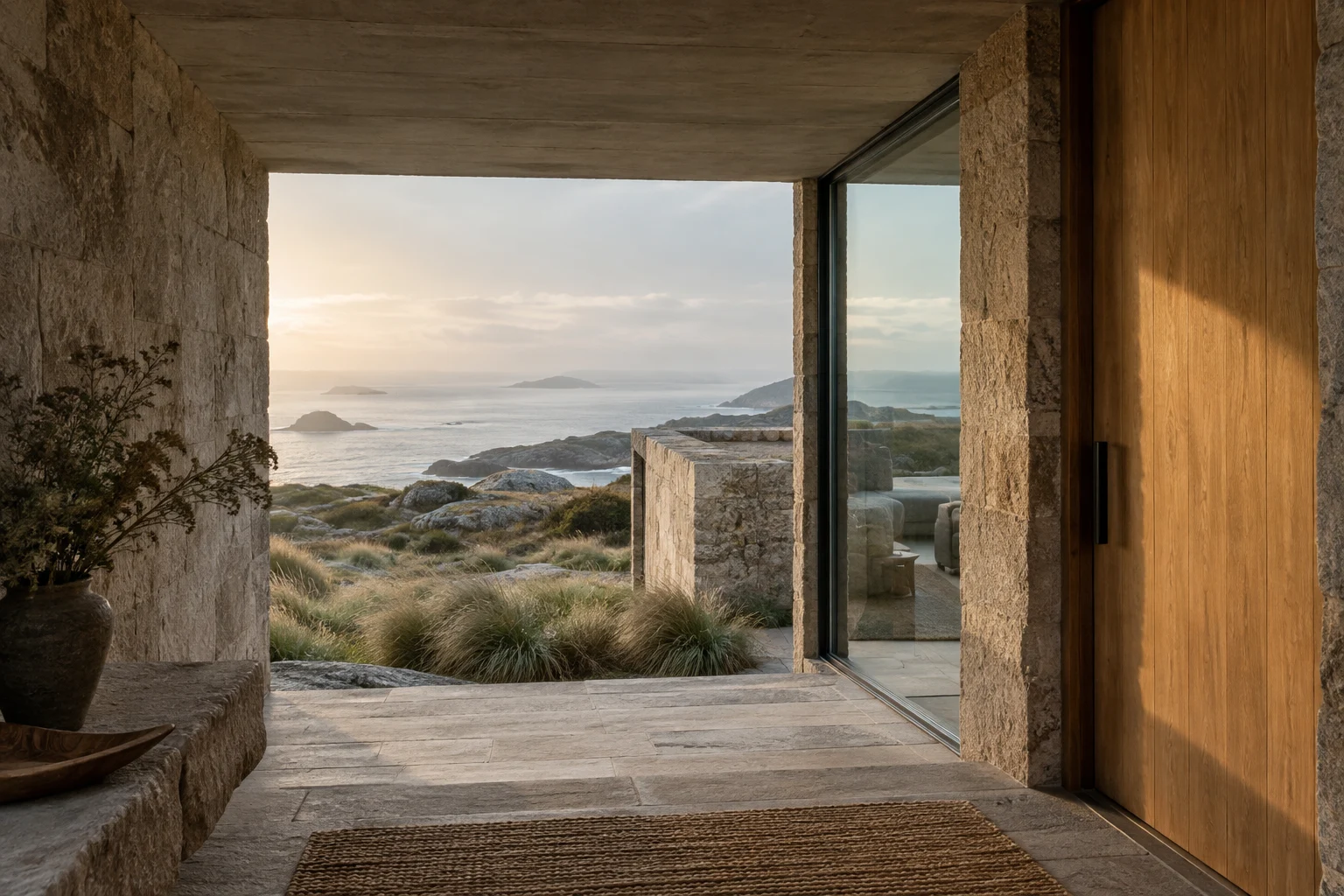Limestone coastal architecture opening toward the Atlantic