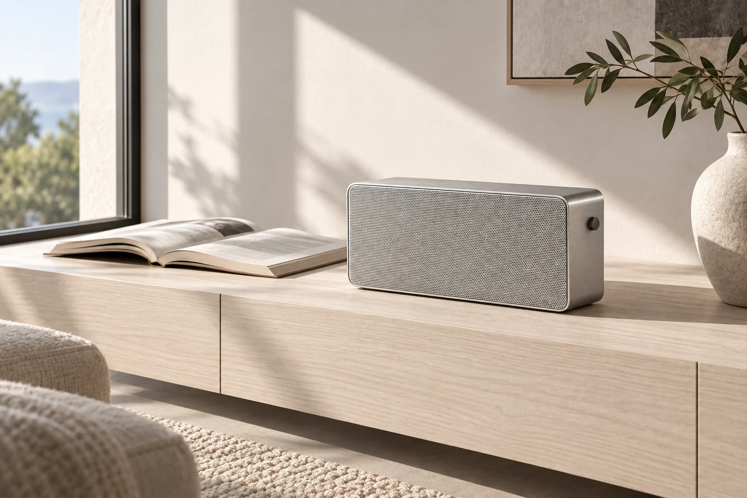 A considered aluminium speaker in a quiet setting