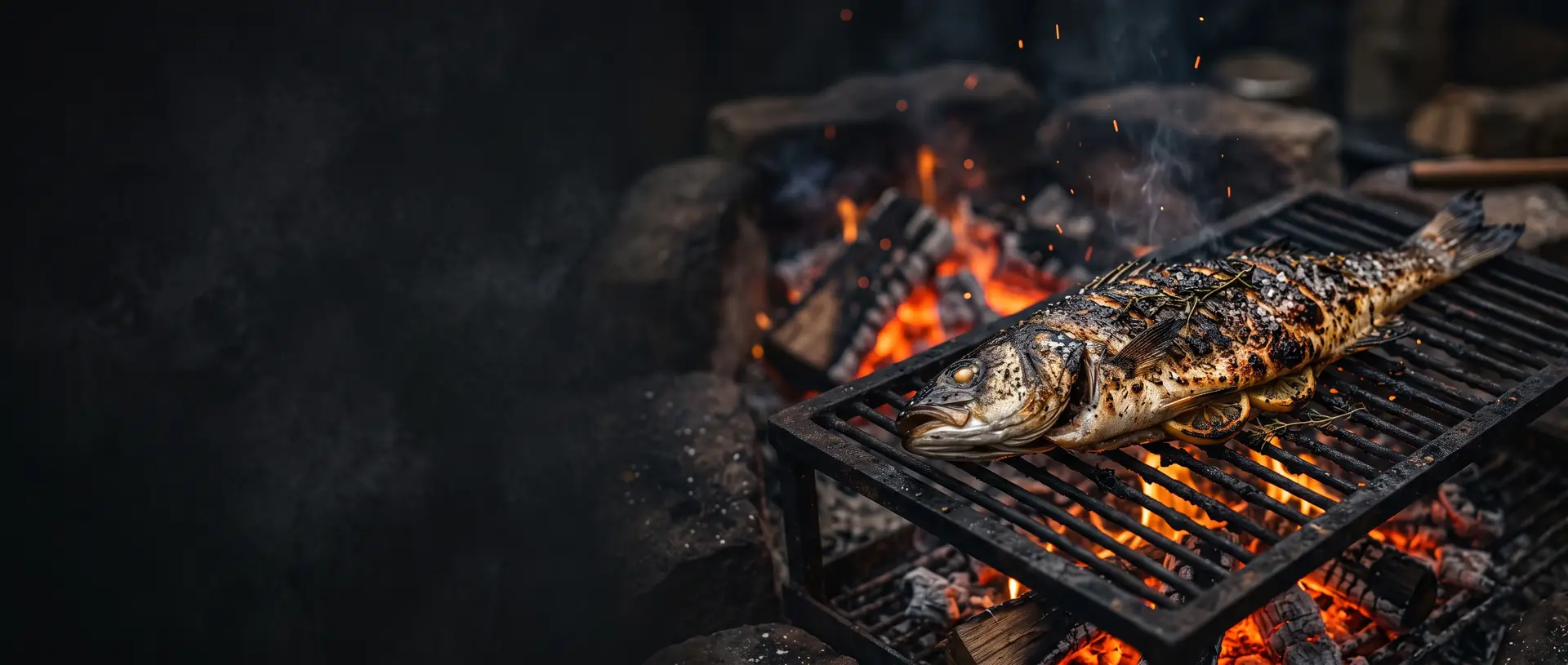 A whole wood-fired fish on the grate over glowing coals.